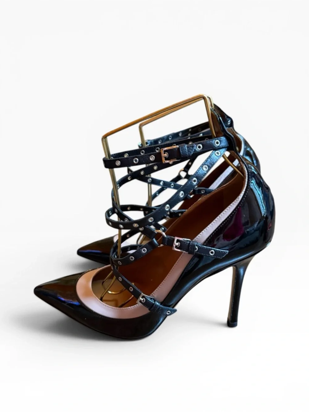 Valentino Garavani Black Leather Love Latch Strappy Pointed Toe Pumps EU37 US 7
